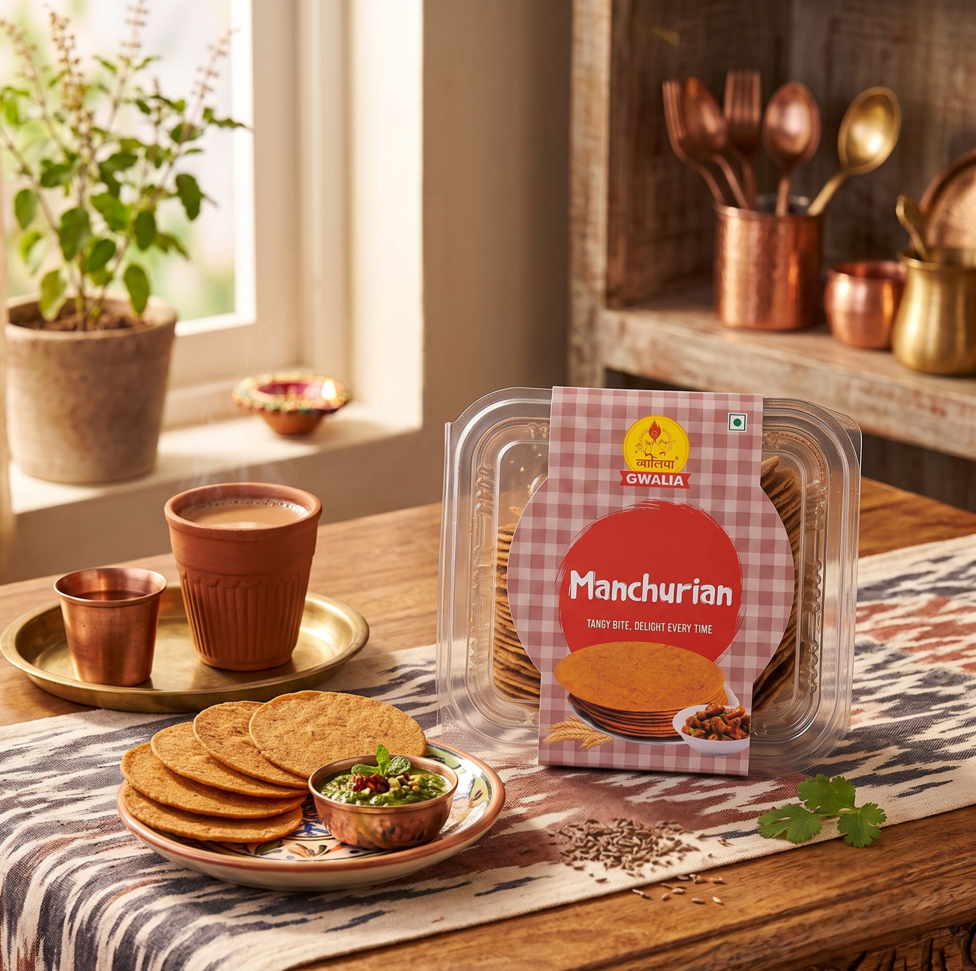 A package of Gwalia Manchurian Coin Khakra in a clear plastic clamshell container sits on a wooden table beside coin khakra, a small bowl of chutney, and copper cups near a window.