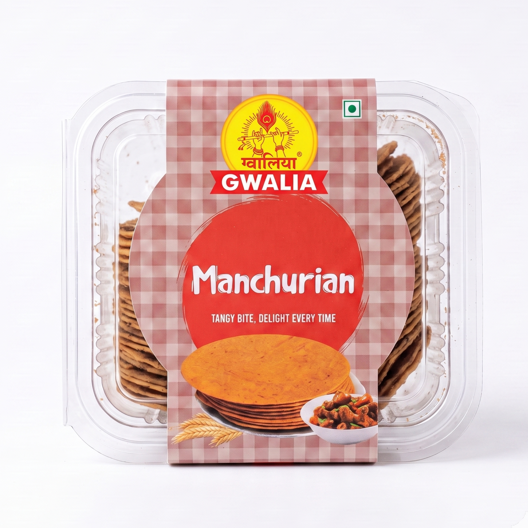 A package of Gwalia Manchurian Coin Khakra in a clear plastic clamshell container with a red and white checkered label, set against a plain white background.