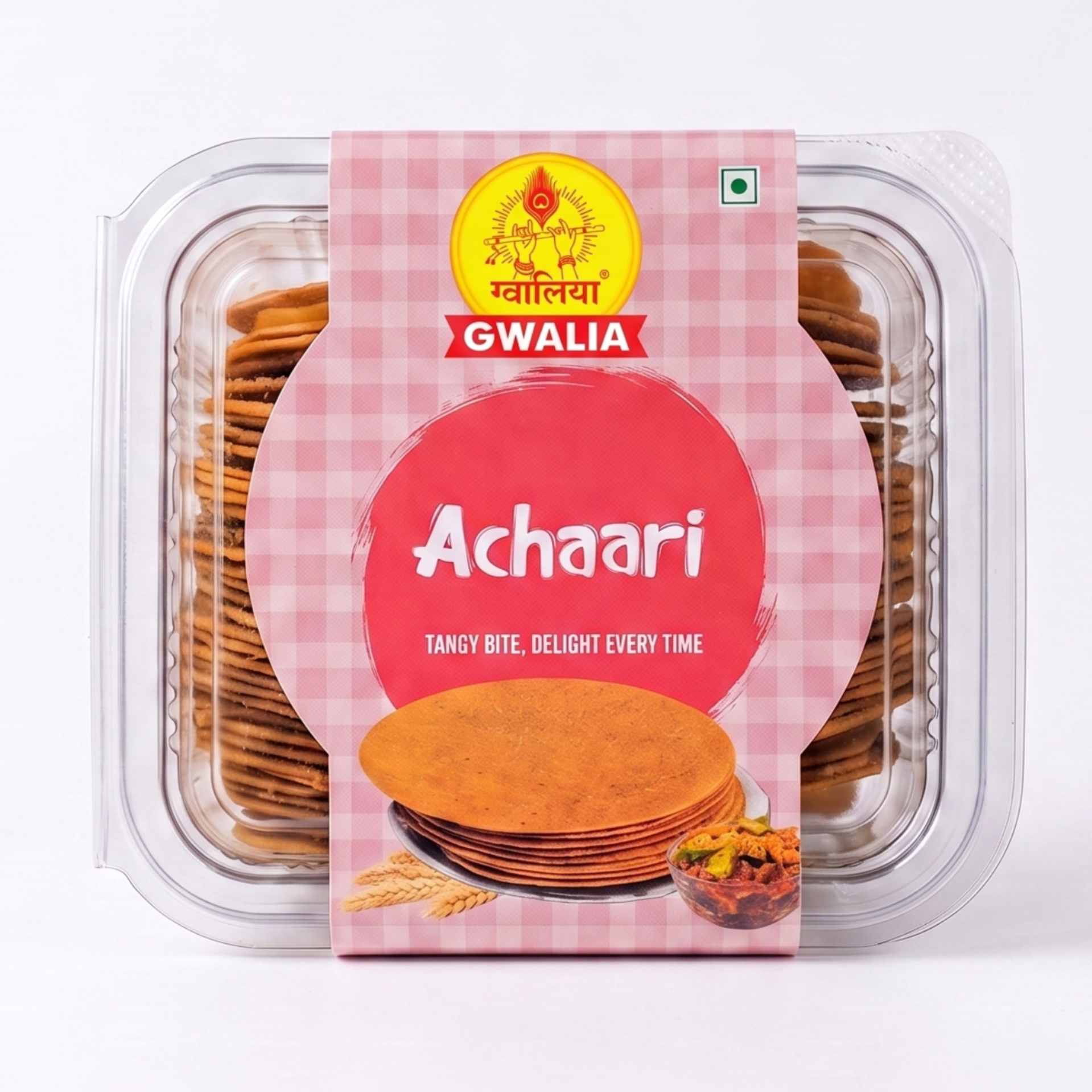 A clear plastic tub of Gwalia Achaari Coin Khakhra with a pink and white checkered label, set against a plain white background.