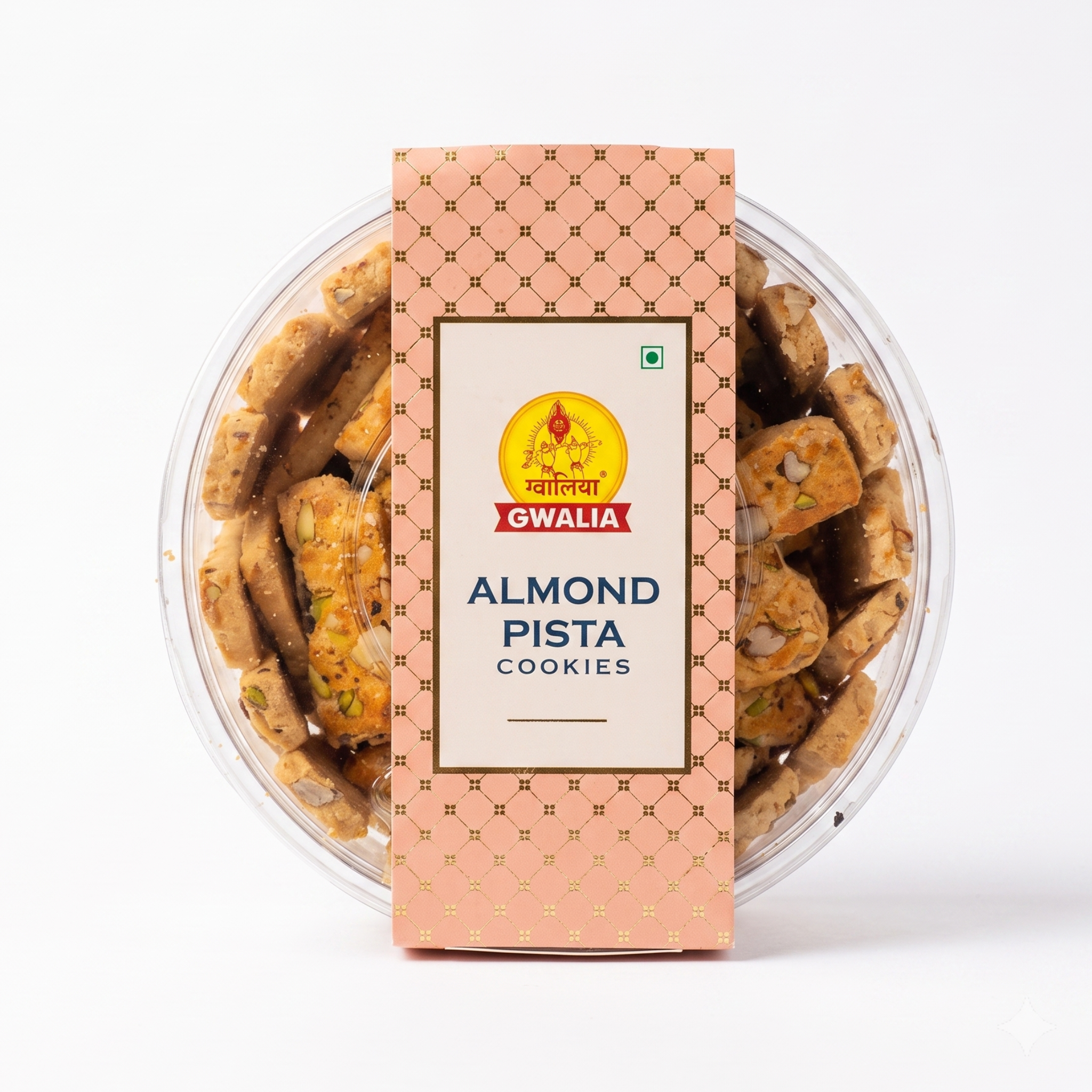 A clear plastic tub of Gwalia Almond Pista Cookies with a peach-colored paper sleeve label, set against a plain white background.