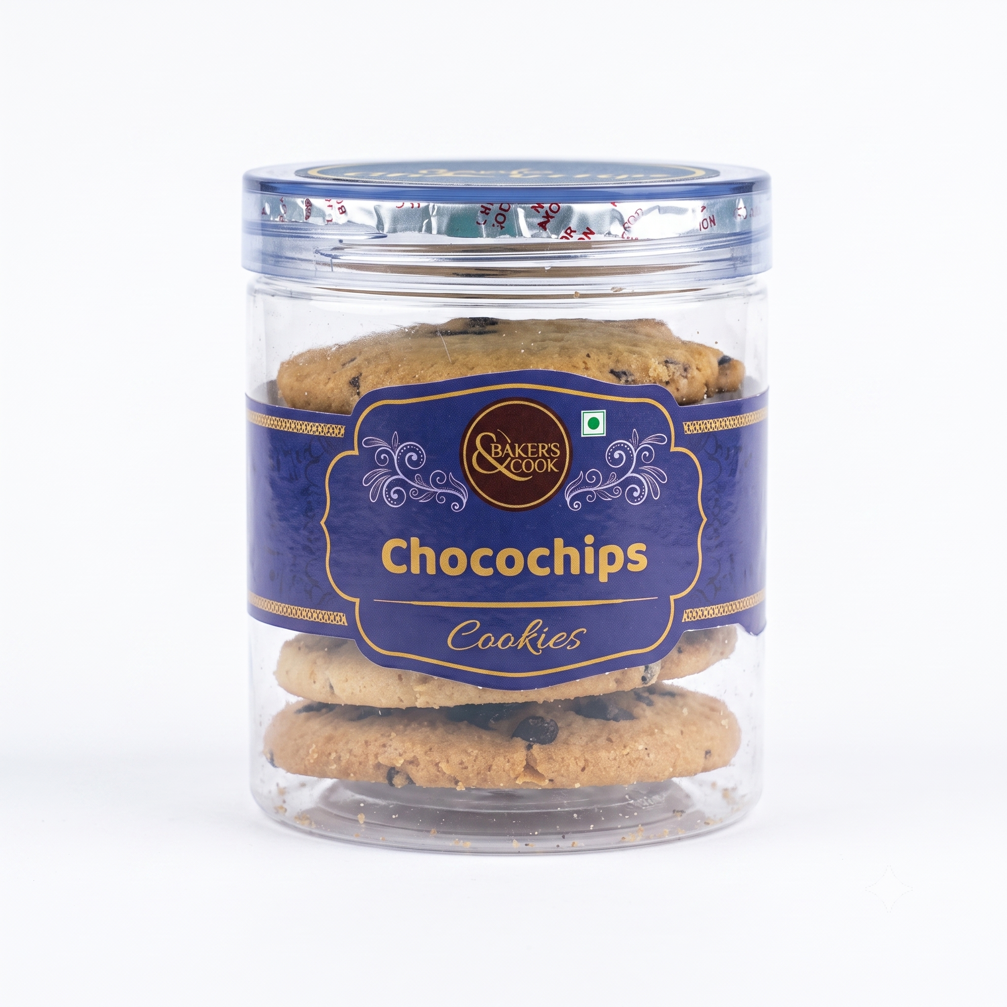 A clear glass jar of Gwalia Chocochips Cookies, showing several chocolate chip cookies inside, with a dark blue label and a metallic blue lid, set against a plain white background.