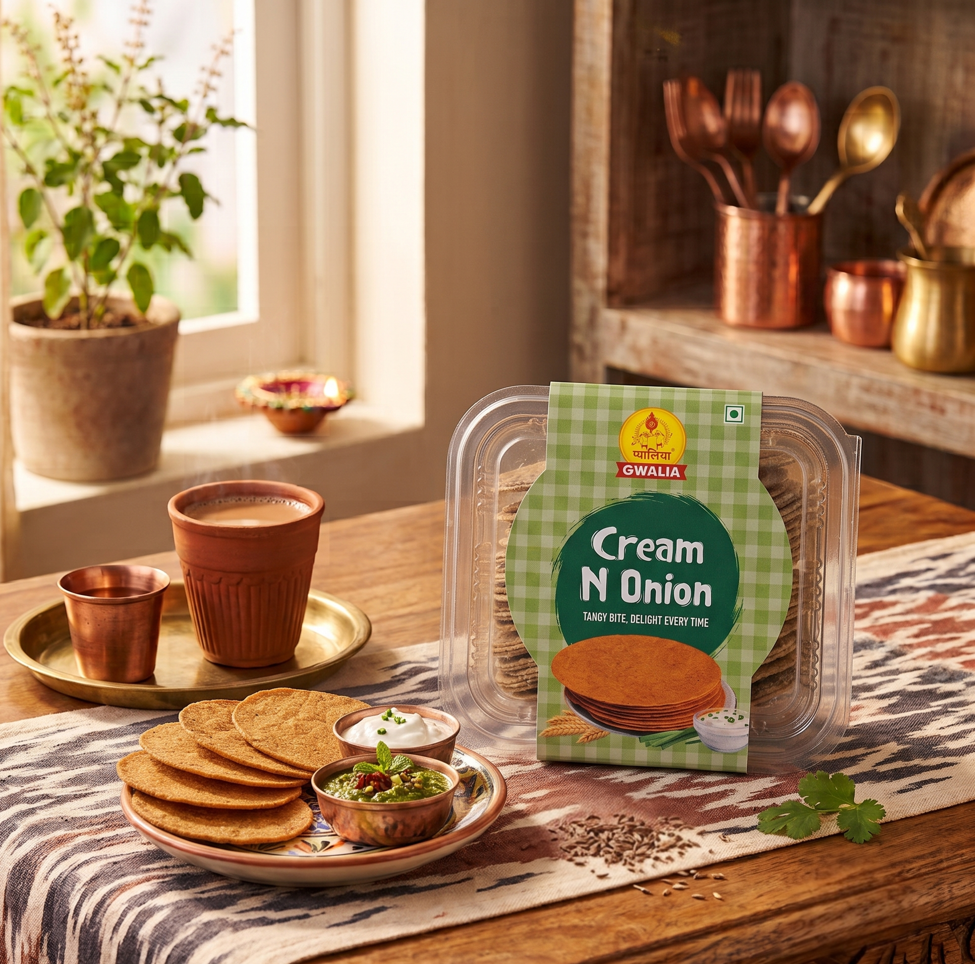 A package of Gwalia Cream N Onion Coin Khakhra sits on a wooden table styled with Indian tea, flatbreads, and a small bowl of chutney, with a warm, sunlit background.
