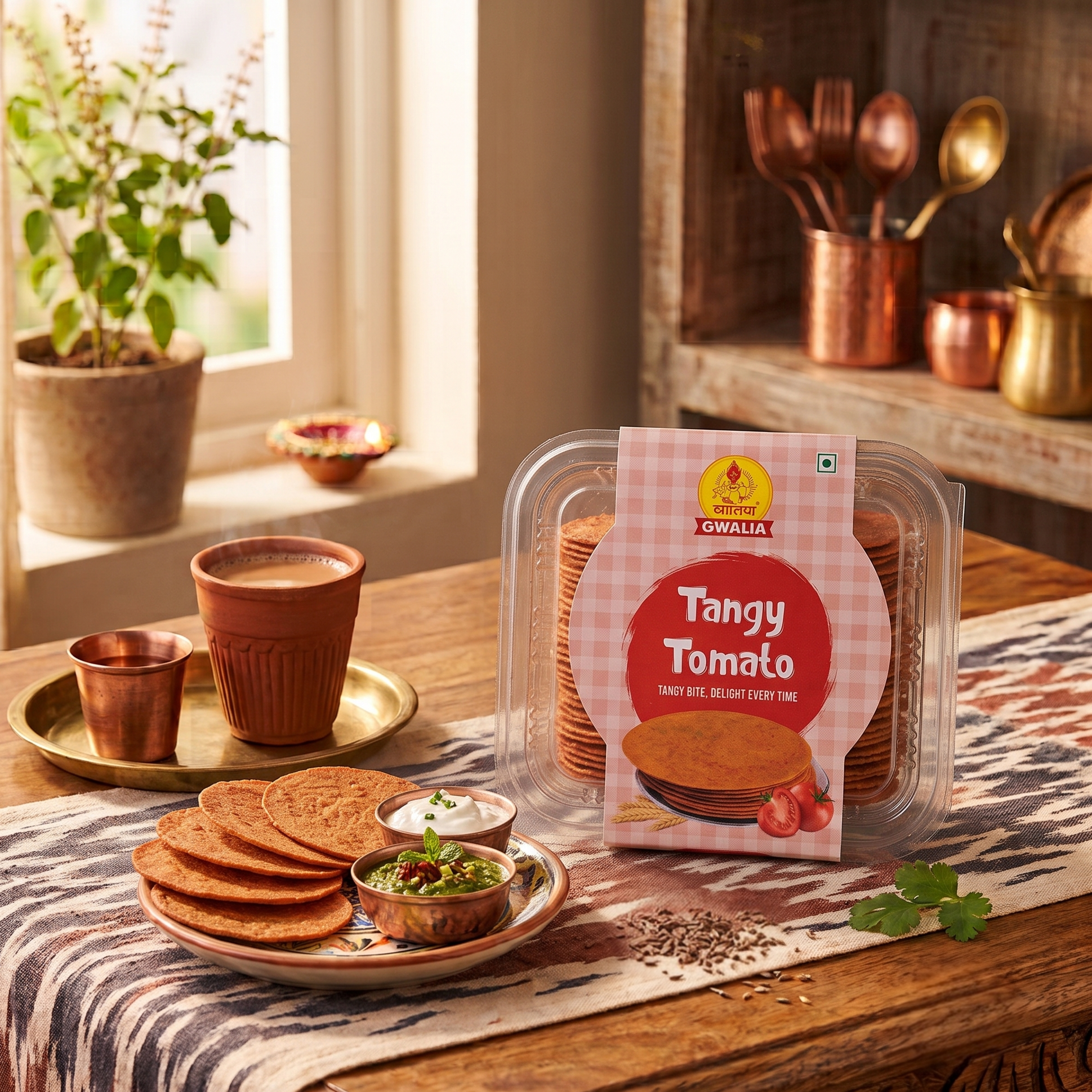 A package of Gwalla Tangy Tomato Coin Khakhra is displayed on a rustic wooden table alongside prepared food, including a plate of Coin Khakhra, a small bowl of chutney, and kuladh chai near a window.