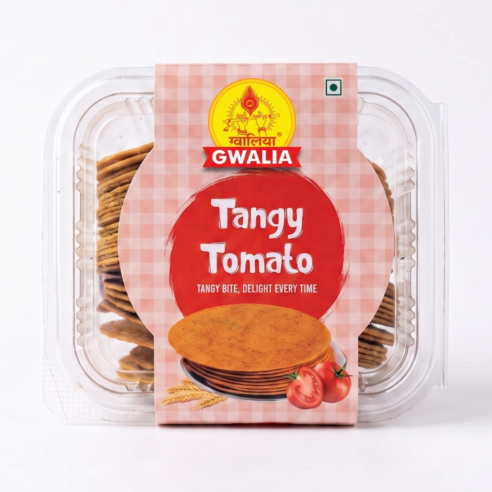 A package of Gwalia Tangy Tomato Coin Khakhra in a clear plastic container with a pink and red gingham label, set against a plain white background.