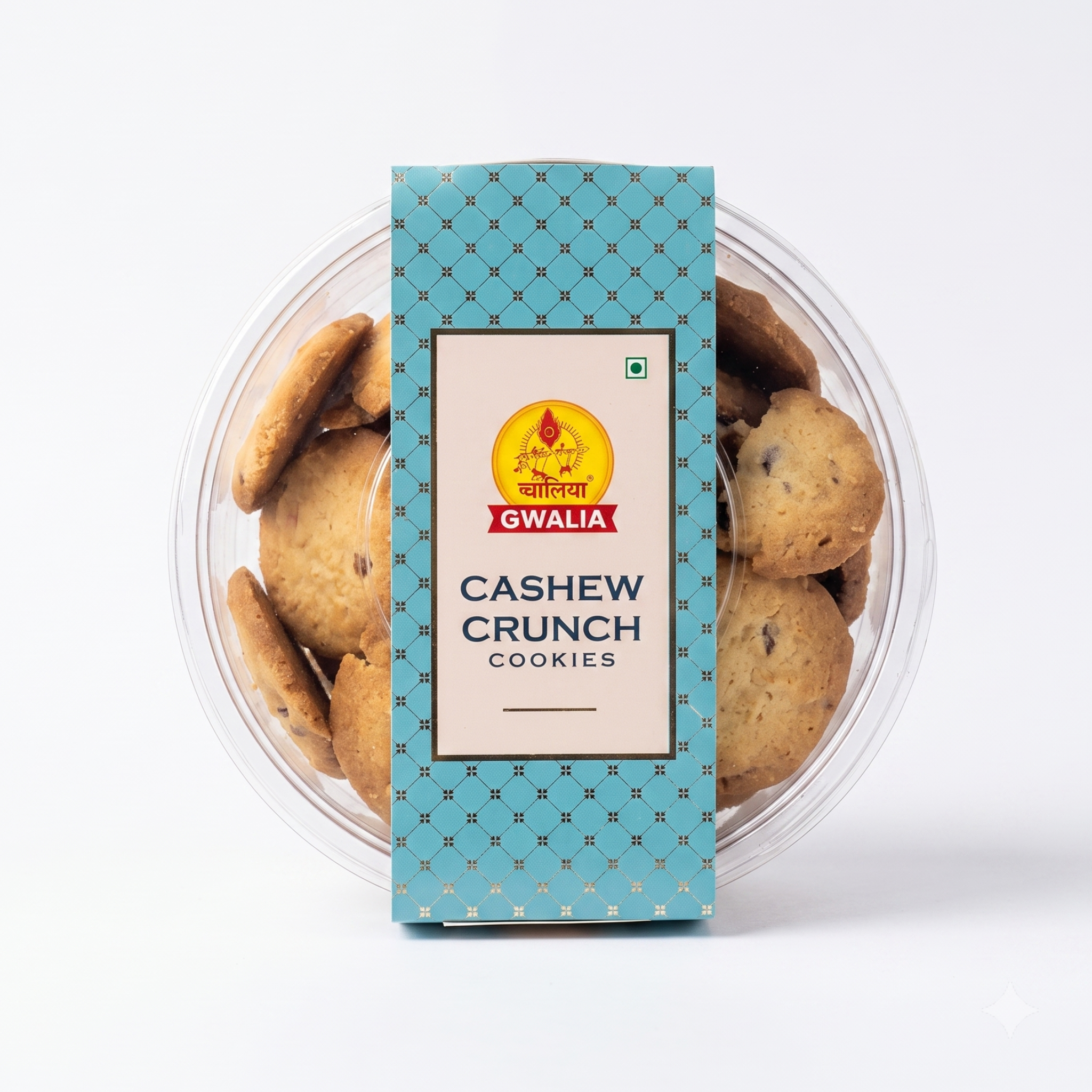 A clear round plastic tub of Gwalia Cashew Crunch Cookies with a turquoise and beige paper label standing upright in the center, photographed on a clean white background.