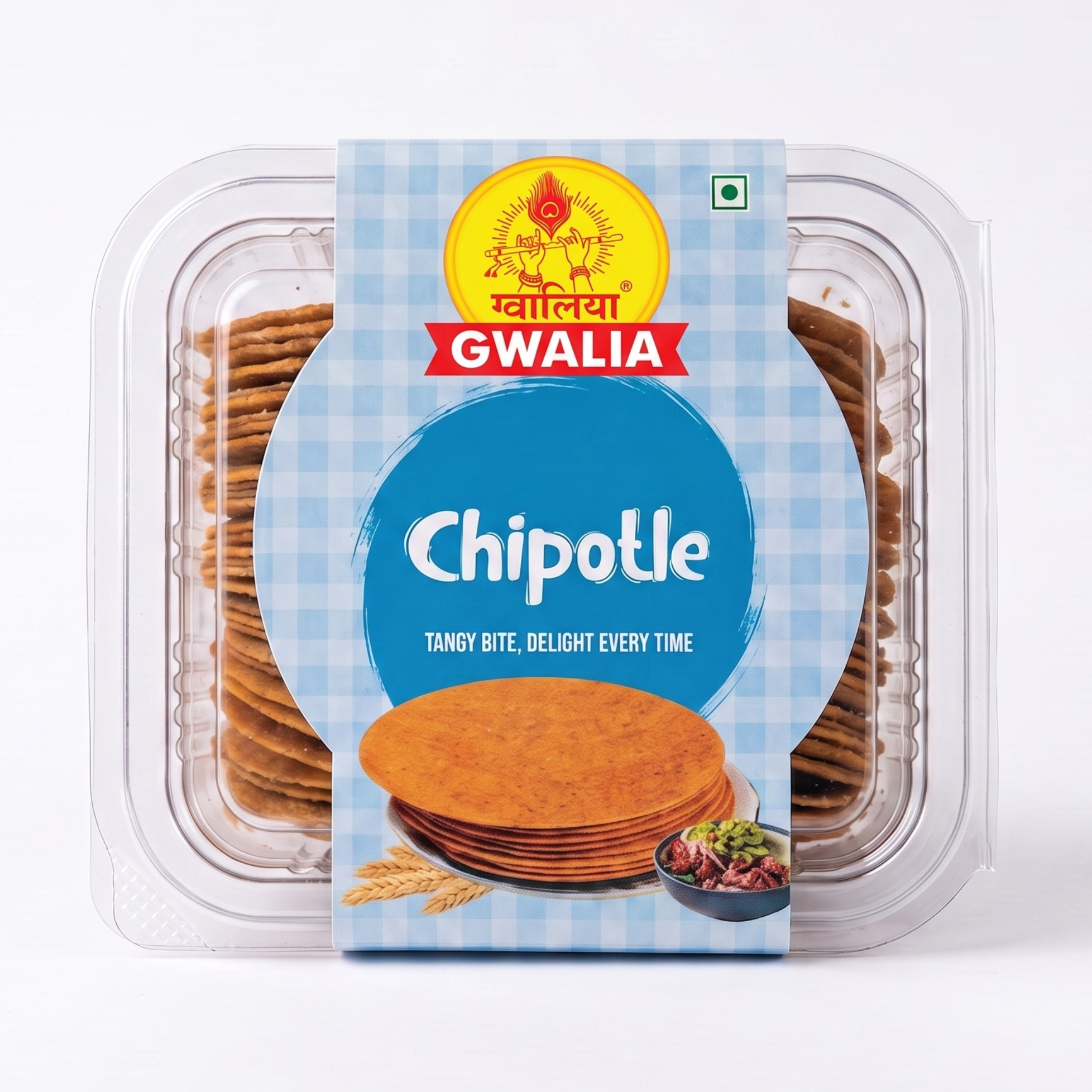 A packaged pack of GWALIA Chipotle Coin khakhra in a clear plastic clamshell container with a blue and white gingham label, photographed on a clean white background.