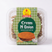 A pack of Gwalia Cream N Onion Coin Khakhra, shown in a clear plastic clamshell container with a green and white checkered label on a white background.