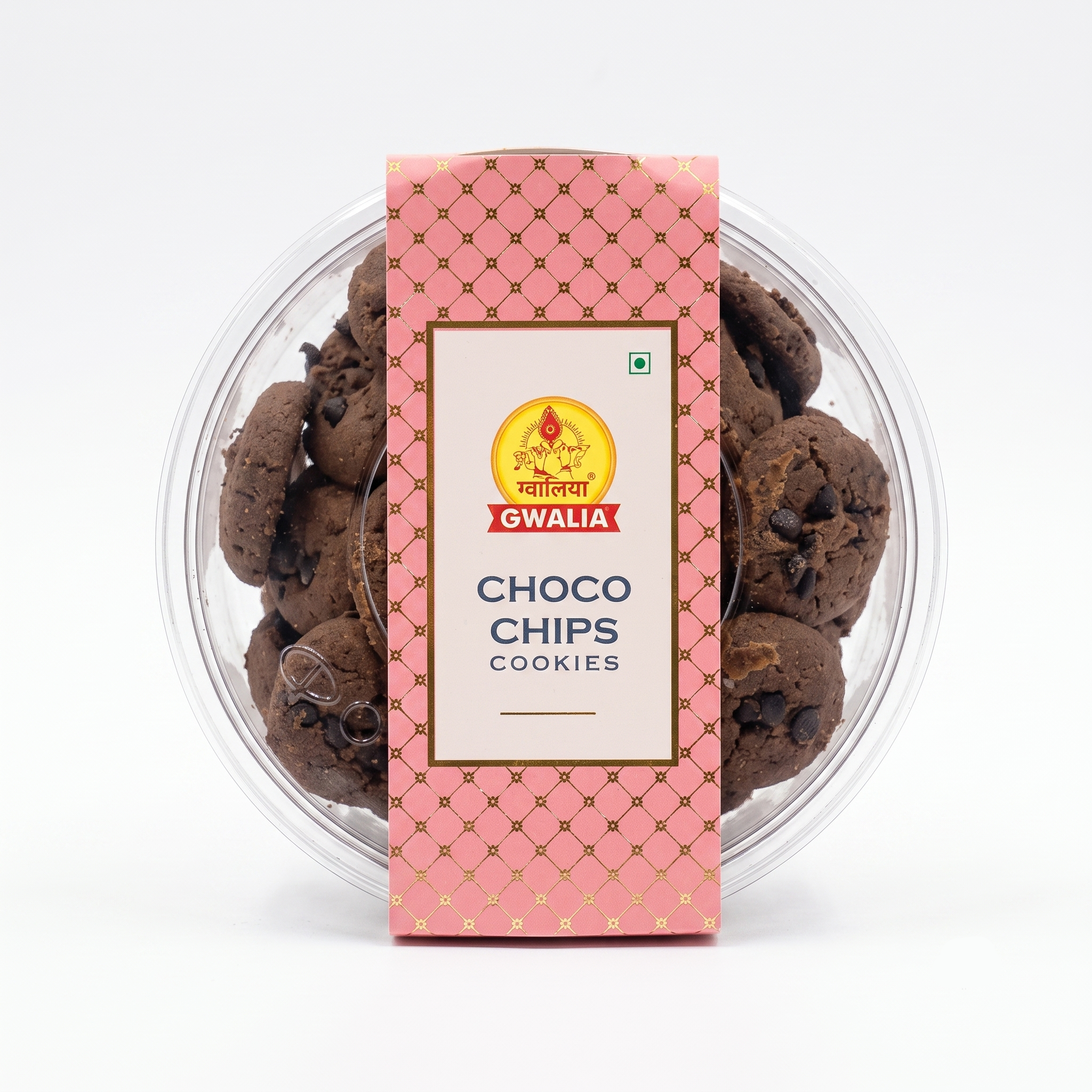 A package of GWALIA Choco Chips Cookies in a clear plastic tub with a pink and gold label, shown on a clean white background.